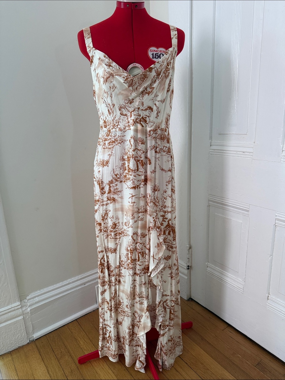 Cream & Brown Toile Inspired High-Low Ruffle Slip Dress